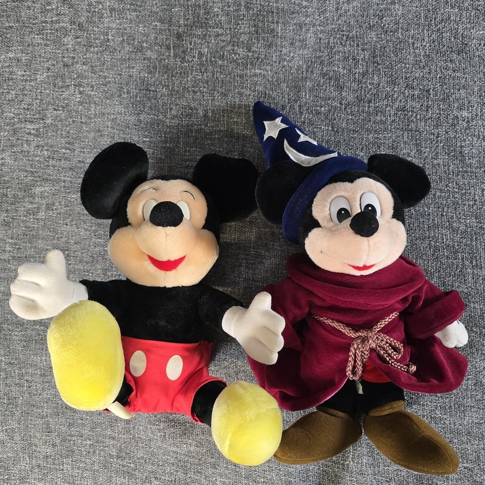 2 VTG Walt Disney Mickey Mouse Plush Stuffed Animals Sorcerer & Sitting Bundle